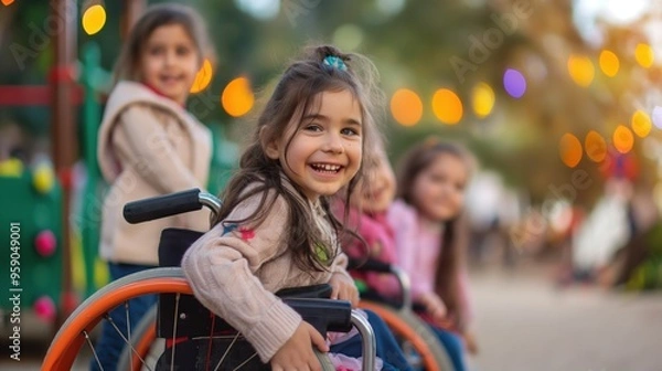Fototapeta Children with disabilities playing together, inclusive playground setting, expressions of joy and acceptance, promoting inclusivity and equal opportunities, diverse abilities visible