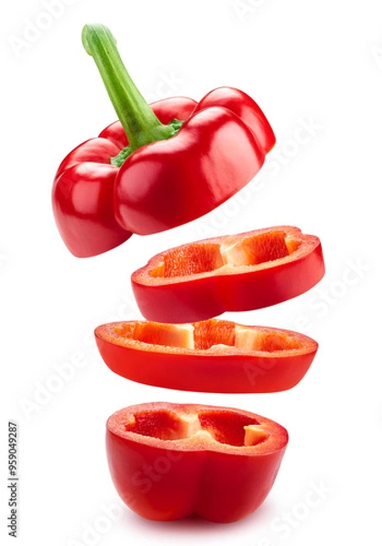 Fototapeta Ripe red bell pepper cut into four pieces, gently floating on a clear background