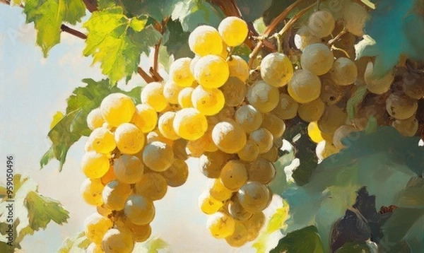Obraz Oil painting of sunlit grapes showcasing wine production grape cultivation and alcoholic beverage creation
