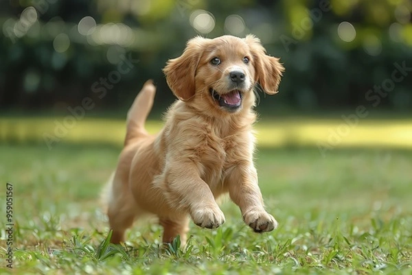 Fototapeta A sunny backdrop sets the stage for this playful puppy's adventure.