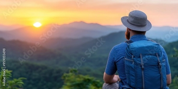 Fototapeta An adventure traveler who hikes appreciates taking a pause to look at the summit of the mountain at dusk.