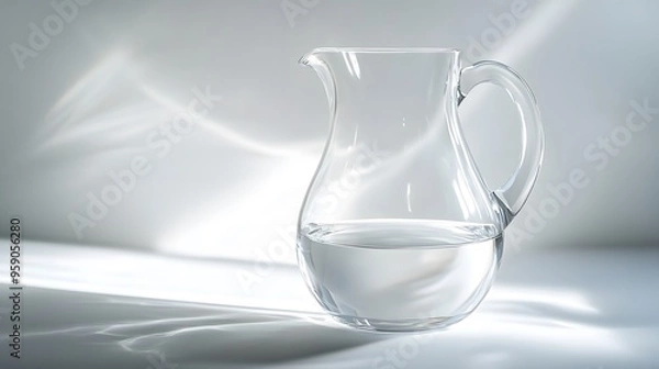 Obraz Minimalist Water Jug: A transparent, glass water jug with a clean, simple design, placed on a white background with subtle light reflections.
