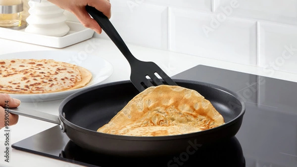 Fototapeta Closeup of a person flipping pancakes in a frying pan.