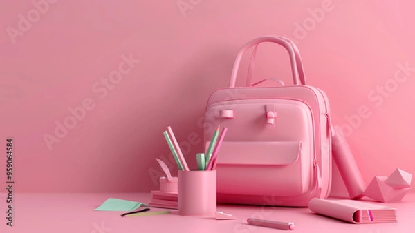 Fototapeta Red backpack filled with school supplies on a matching red background