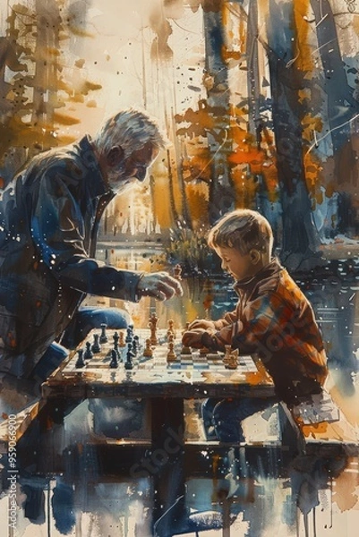 Obraz Grandfather Teaches His Young Grandson the Art of Chess by a Serene Lake in a Beautiful Forest Setting