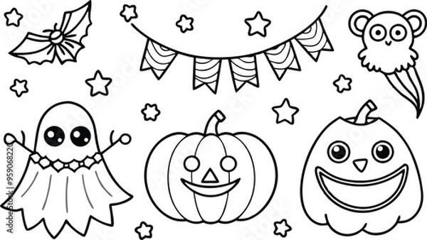 Fototapeta Cute Halloween holiday set - ghost, owl, pumpkin, star, candy, berry, branch, scary face, garland, witch hat, bat, moon, spider, web, jack o lantern isolated on white background. Vector illustration