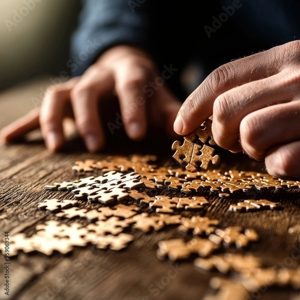 Fototapeta Close-up of hands putting together a wooden jigsaw puzzle on a rustic table.