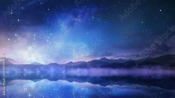 Obraz Starry night sky reflected in a calm lake surrounded by hills