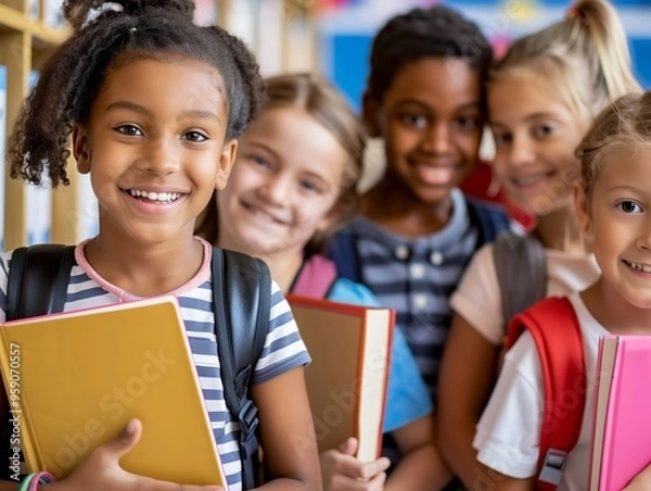 Fototapeta Happy Group of Diverse Schoolchildren Holding Books and Smiling Together in a Classroom Setting