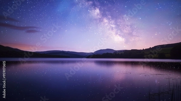 Obraz Starry night sky reflected in a calm lake surrounded by hills