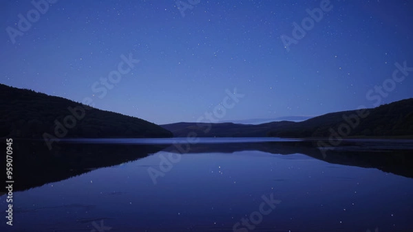 Obraz Starry night sky reflected in a calm lake surrounded by hills