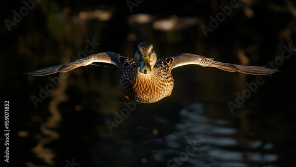 Obraz Flying duck captured in mid-air with wings spread over water