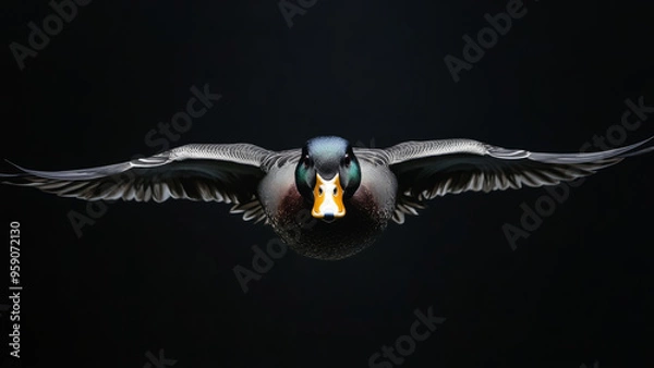 Obraz Flying duck captured in mid-air with wings spread over water