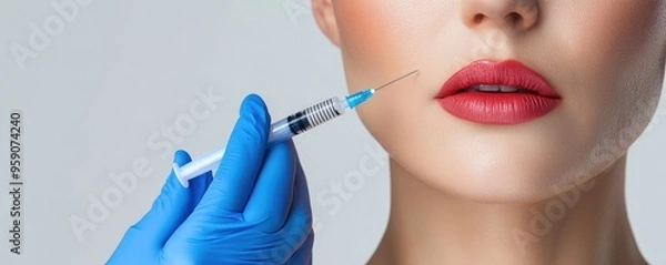 Fototapeta Close-up of cosmetologist hand in glove holding syringe with injection in woman's nasolabial fold area with text space on white background, banner, poster, website for advertising cosmetic procedures,