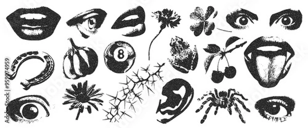 Fototapeta Gothic elements with retro photocopy effect for creating collages. Vector illustration of a spider, an eye, a mouth, a toad, a flower in the technique of dot texture.