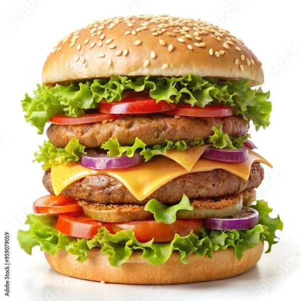 Fototapeta A tall, tasty hamburger piled with fresh ingredients against a clean backdrop. Generative AI