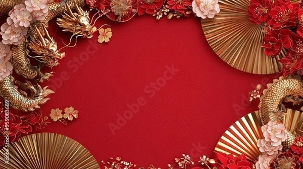 Fototapeta Red background with gold dragon, fans, and flowers for Chinese New Year celebration.