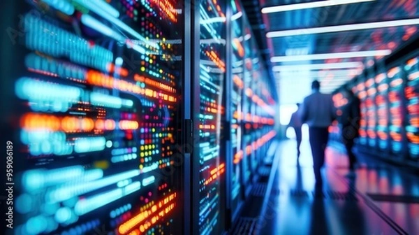 Obraz It engineers walking in server room with supercomputer servers working in data center