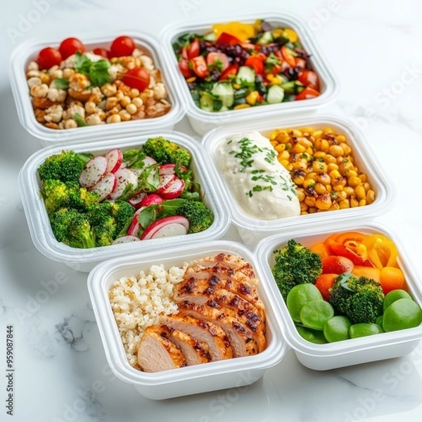 Fototapeta Six containers of healthy meal prep with various vegetables, grains, and protein.
