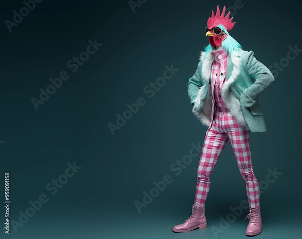 Fototapeta An illustrated retro rooster standing upright like a man, dressed in a mix of vintage and modern attire, showcasing a unique, alternative fashion style against a dark background.