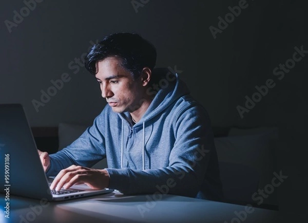 Obraz Late Night Focus: A man in a grey hoodie sits alone in a dim room, intensely focused on his laptop, the screen's glow illuminating his face, conveying dedication and late-night work. 