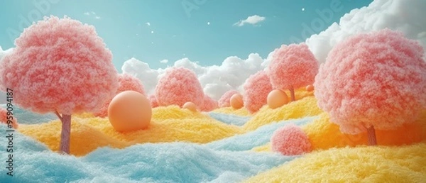 Fototapeta A Fantasy Landscape with Fuzzy Trees and Pastel Clouds