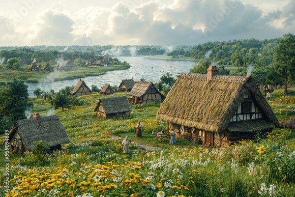 Fototapeta A medieval village with thatched-roof cottages and peasants working the fields, depicting daily life in the era. Concept of rural life and medieval agriculture.