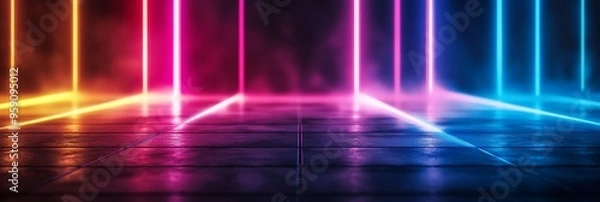 Fototapeta A captivating abstract image of neon light beams reflecting on a dark tiled floor, creating an atmosphere of energy and mystery. The vivid colors, contrasting shadows, and sleek lines suggest a futuri