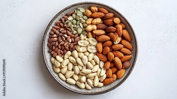 Obraz Nutritious Assortment of Nuts and Seeds on Plate with Copy Space for Snack Promotions