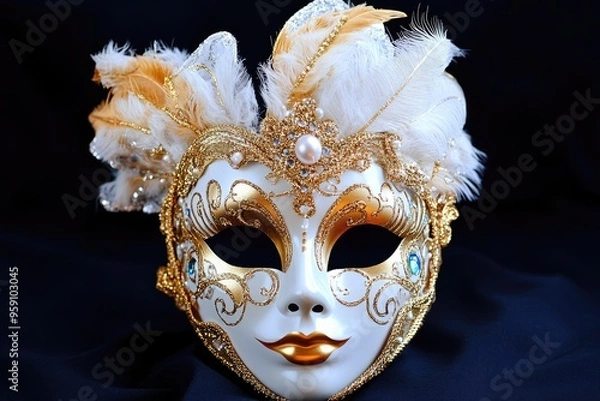 Fototapeta Masks For A Ball. Golden Carnival Mask Isolated on Black Background with Copy Space