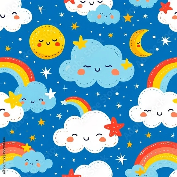 Fototapeta A pattern of clouds stars moon and rainbows on a blue background