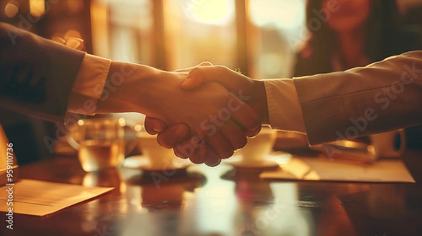 Obraz Close-up of a handshake between two professionals, symbolizing partnership, success, and business agreements. Ideal for corporate, teamwork, and negotiation themes in the business world. 