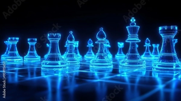 Fototapeta Chess pieces illuminated with bright, glowing futuristic blue neon lights against a black background. The 3D render illustrates chess game figurines, board games, and strategy games.