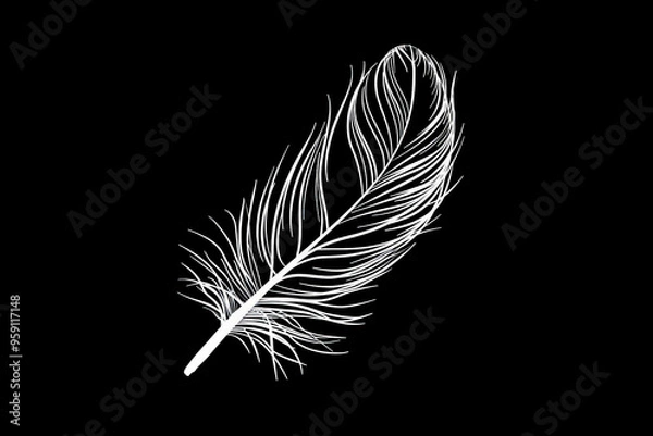 Fototapeta A simple white line drawing on a black background of a delicate feather floating in the air. The contrast emphasizes the lightness and elegance of the feather.