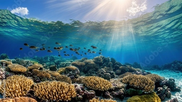 Fototapeta A beautiful underwater view of a coral reef with fish, AI