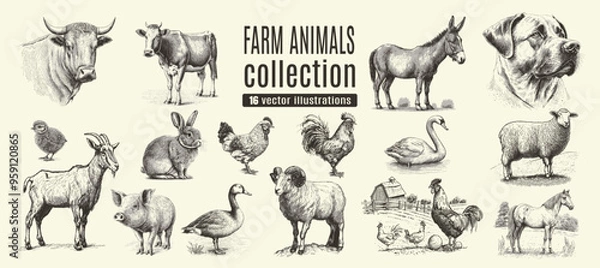 Obraz Rural meadow or countryside farm set. A village landscape with cows, goats and lamb, hills and a farm.