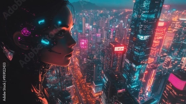 Fototapeta A cyborg woman with a mix of human and machine features, gazing out over a neon-filled city from a high vantage point.