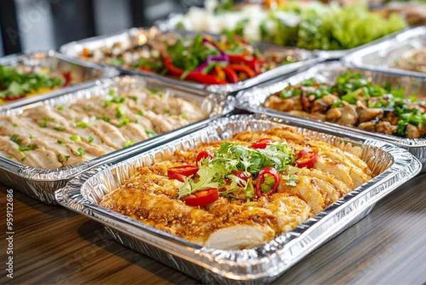Fototapeta Disposable aluminum food container trays used in catering, serving a large group at a party or wedding. The trays are attractively arranged with various dishes, showcasing their convenience.