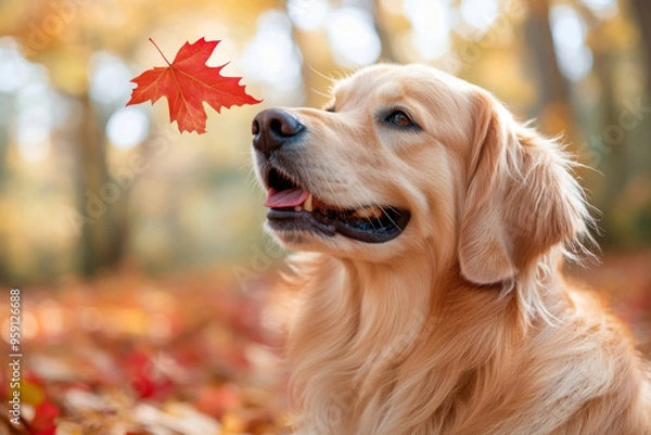Fototapeta Golden retriever dog in the autumn forest with a red maple leaf