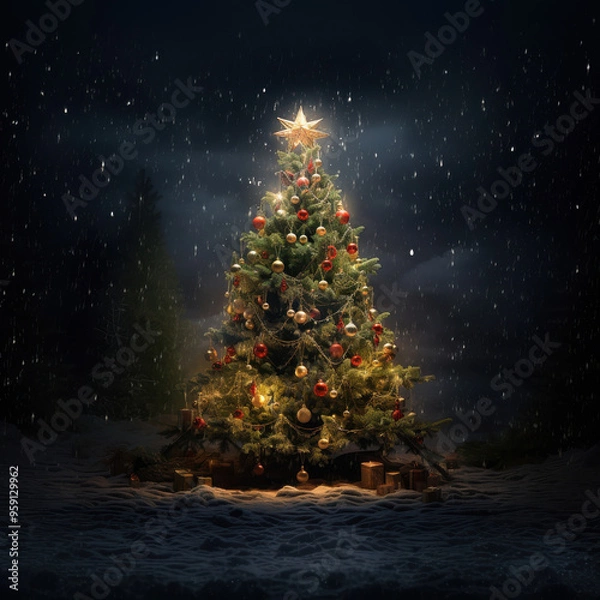 Fototapeta square illustration of a beautiful christmas tree glowing in the night while snowing