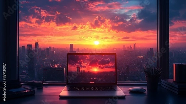 Fototapeta A laptop with a sunset cityscape on the screen sits on a desk in front of a window with the same view.