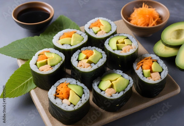 Fototapeta Vegan sushi rolls filled with avocado, cucumber, carrot and served wit soy sauce.