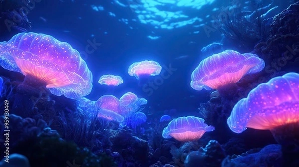 Fototapeta Glowing bioluminescent sea creatures in a deep ocean scene, marine glowtime, mysterious and awe-inspiring