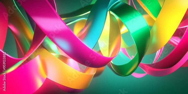 Fototapeta A vibrant 3D scene with twisting ribbons in neon colors, including green, pink, and yellow. The ribbons flow dynamically, adding a sense of energy and excitement.