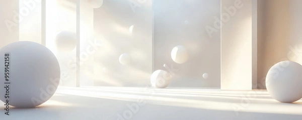 Fototapeta A modern 3D light white background with floating geometric shapes and gentle, diffused light. The design features a clean, futuristic appearance with smooth, layered textures.