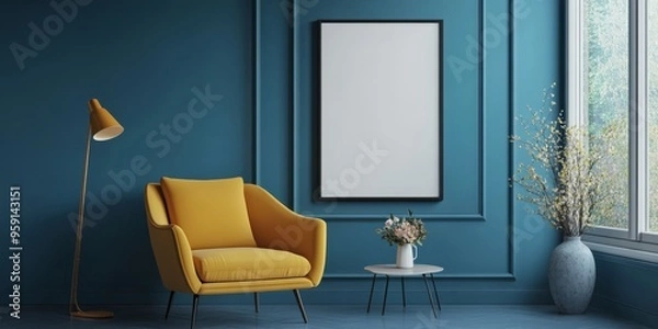 Fototapeta An elegant living room showcasing a modern yellow armchair, complemented by vibrant blue walls and stylish decor elements, all designed to create a cozy and inviting atmosphere perfect for relaxation