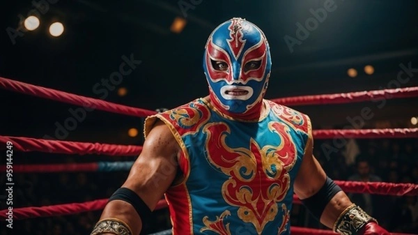 Obraz Mexican wrestler of approximately , masked, on the ring in defiant attitude before his confrontation. Wrestling concept