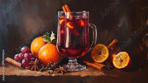Fototapeta Oil painting of mulled wine featuring spices and fruits against a dark background showcasing the rich colors and textures of the beverage