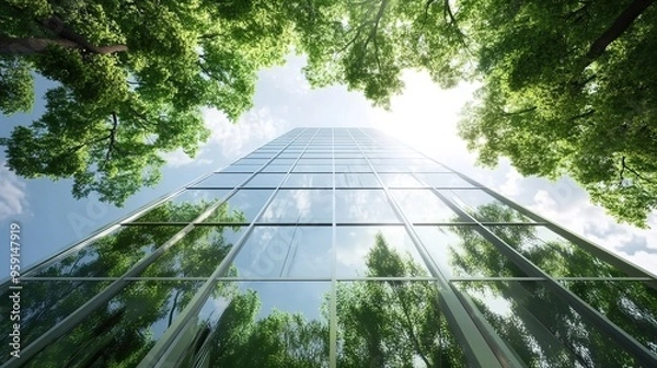 Fototapeta 
A tall glass building surrounded by lush green trees, reflecting the surrounding nature and creating an eco-friendly atmosphere. A low angle shot captures its towering presence from below