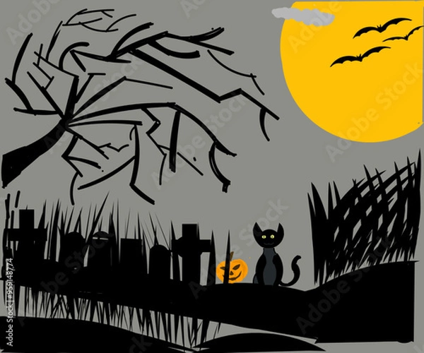 Fototapeta Illustration design of a full moon night scene with bats flying over a graveyard with trees and a cat with burning eyes.